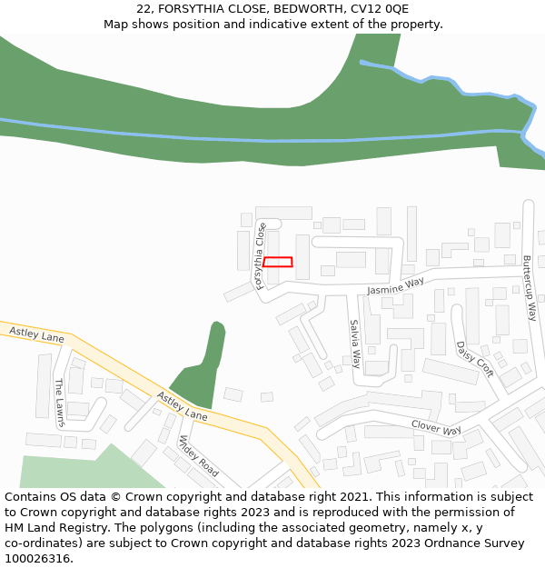 22, FORSYTHIA CLOSE, BEDWORTH, CV12 0QE: Location map and indicative extent of plot