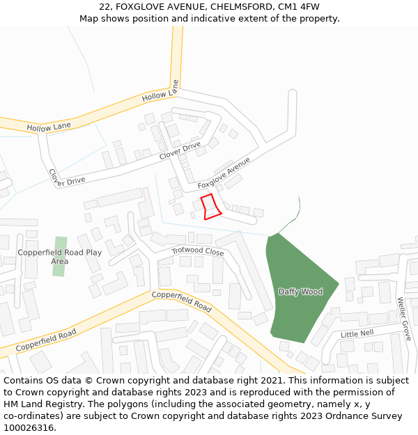 22, FOXGLOVE AVENUE, CHELMSFORD, CM1 4FW: Location map and indicative extent of plot
