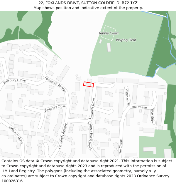 22, FOXLANDS DRIVE, SUTTON COLDFIELD, B72 1YZ: Location map and indicative extent of plot