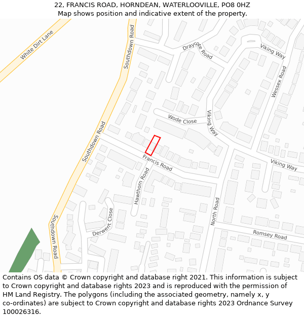22, FRANCIS ROAD, HORNDEAN, WATERLOOVILLE, PO8 0HZ: Location map and indicative extent of plot