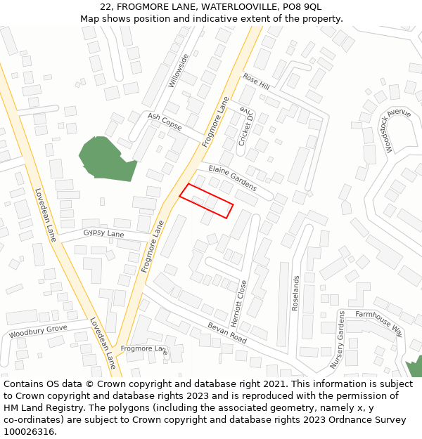 22, FROGMORE LANE, WATERLOOVILLE, PO8 9QL: Location map and indicative extent of plot
