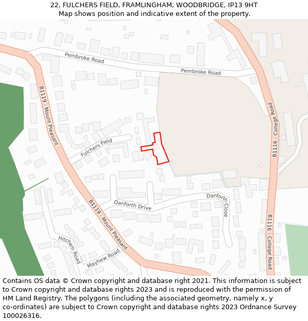 22, FULCHERS FIELD, FRAMLINGHAM, WOODBRIDGE, IP13 9HT: Location map and indicative extent of plot