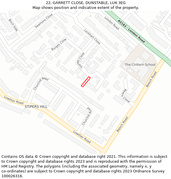 22, GARRETT CLOSE, DUNSTABLE, LU6 3EG: Location map and indicative extent of plot