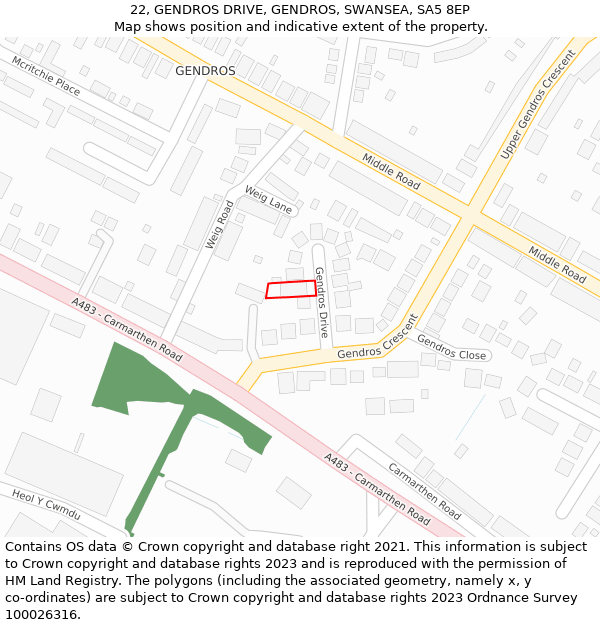 22, GENDROS DRIVE, GENDROS, SWANSEA, SA5 8EP: Location map and indicative extent of plot