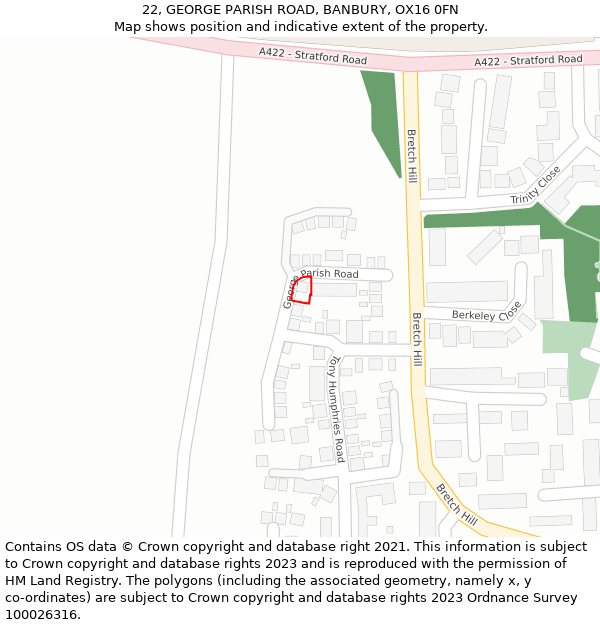 22, GEORGE PARISH ROAD, BANBURY, OX16 0FN: Location map and indicative extent of plot