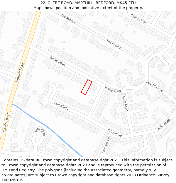 22, GLEBE ROAD, AMPTHILL, BEDFORD, MK45 2TH: Location map and indicative extent of plot