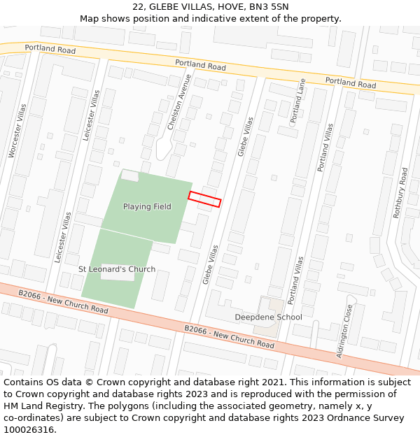 22, GLEBE VILLAS, HOVE, BN3 5SN: Location map and indicative extent of plot