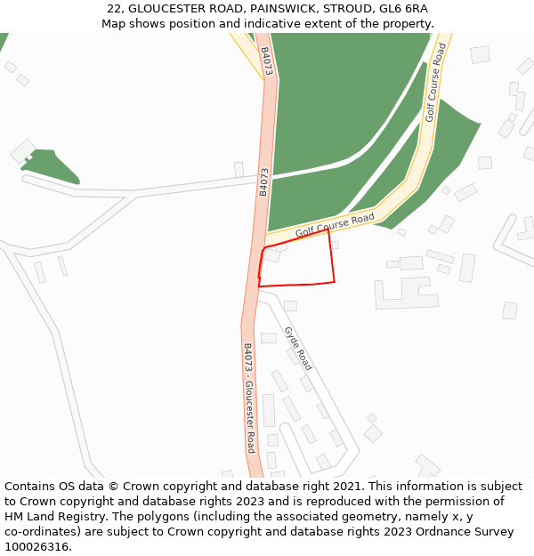 22, GLOUCESTER ROAD, PAINSWICK, STROUD, GL6 6RA: Location map and indicative extent of plot