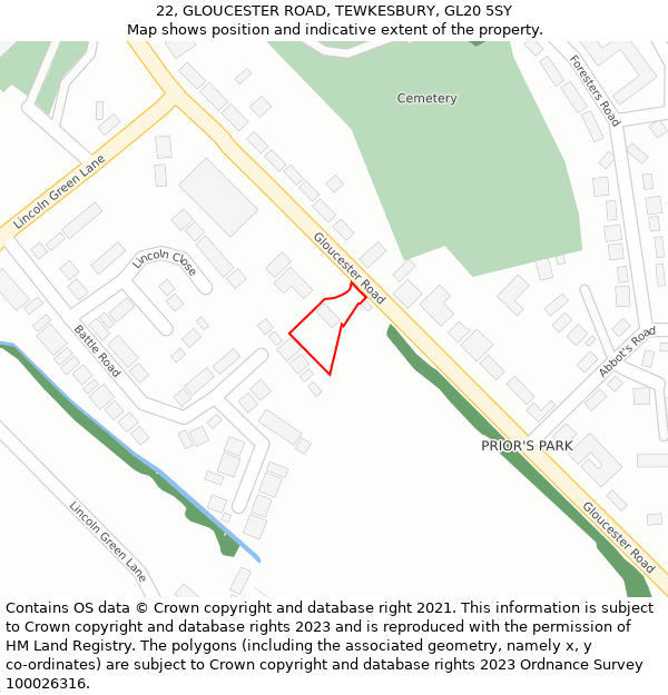 22, GLOUCESTER ROAD, TEWKESBURY, GL20 5SY: Location map and indicative extent of plot