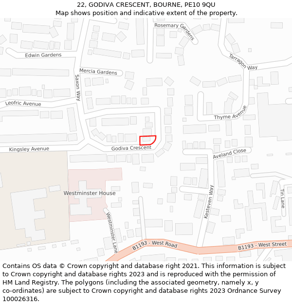 22, GODIVA CRESCENT, BOURNE, PE10 9QU: Location map and indicative extent of plot
