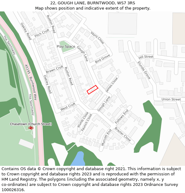 22, GOUGH LANE, BURNTWOOD, WS7 3RS: Location map and indicative extent of plot