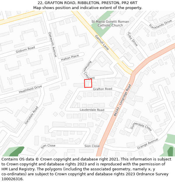 22, GRAFTON ROAD, RIBBLETON, PRESTON, PR2 6RT: Location map and indicative extent of plot