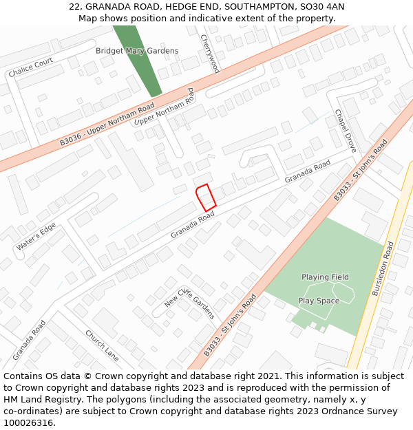 22, GRANADA ROAD, HEDGE END, SOUTHAMPTON, SO30 4AN: Location map and indicative extent of plot