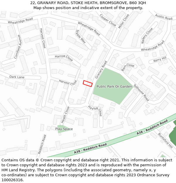 22, GRANARY ROAD, STOKE HEATH, BROMSGROVE, B60 3QH: Location map and indicative extent of plot