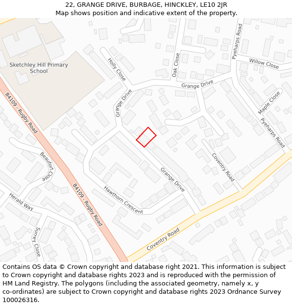 22, GRANGE DRIVE, BURBAGE, HINCKLEY, LE10 2JR: Location map and indicative extent of plot