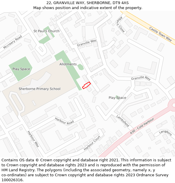 22, GRANVILLE WAY, SHERBORNE, DT9 4AS: Location map and indicative extent of plot