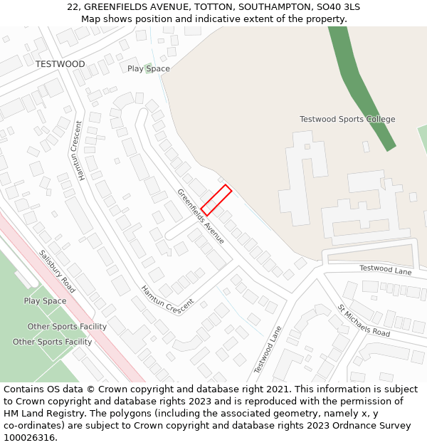 22, GREENFIELDS AVENUE, TOTTON, SOUTHAMPTON, SO40 3LS: Location map and indicative extent of plot