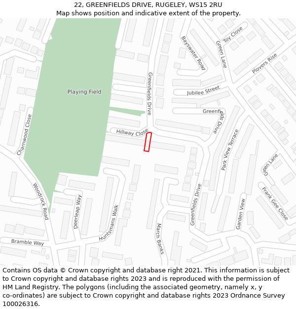 22, GREENFIELDS DRIVE, RUGELEY, WS15 2RU: Location map and indicative extent of plot