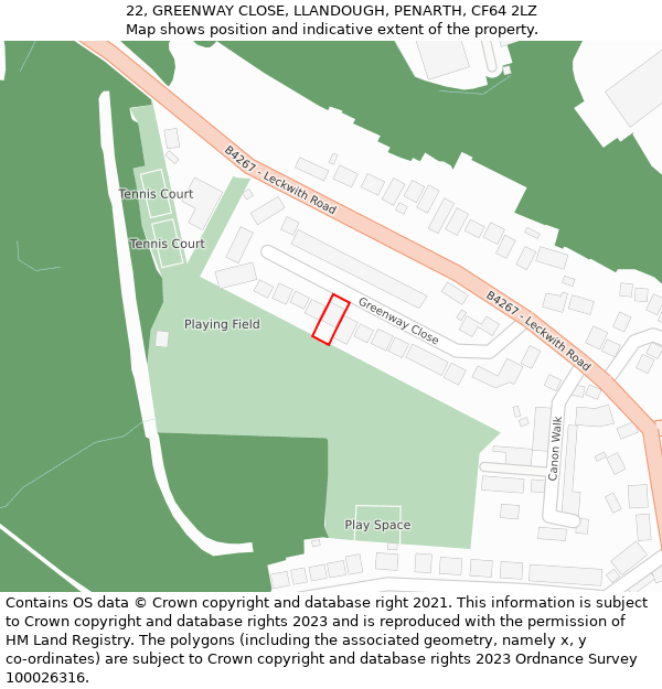 22, GREENWAY CLOSE, LLANDOUGH, PENARTH, CF64 2LZ: Location map and indicative extent of plot