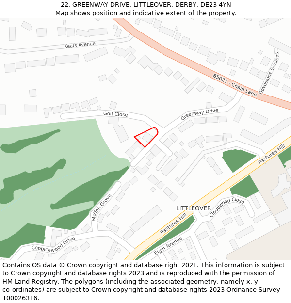 22, GREENWAY DRIVE, LITTLEOVER, DERBY, DE23 4YN: Location map and indicative extent of plot