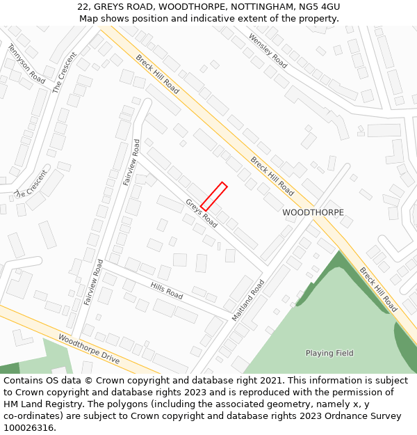 22, GREYS ROAD, WOODTHORPE, NOTTINGHAM, NG5 4GU: Location map and indicative extent of plot