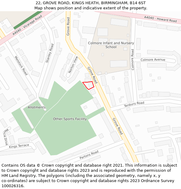 22, GROVE ROAD, KINGS HEATH, BIRMINGHAM, B14 6ST: Location map and indicative extent of plot