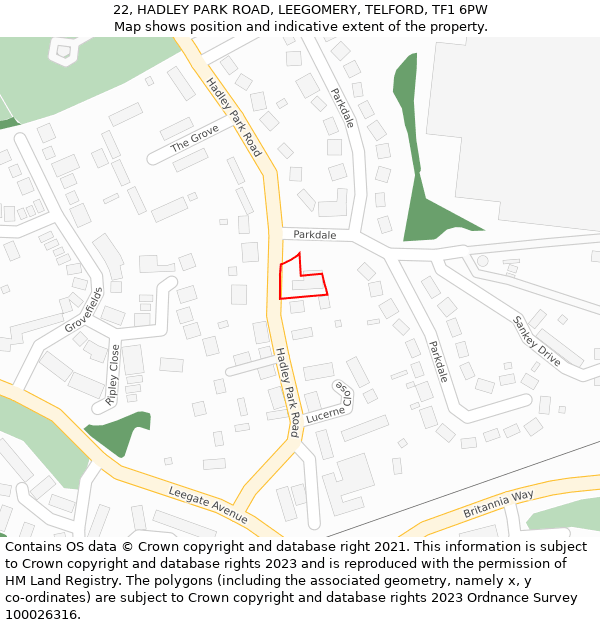 22, HADLEY PARK ROAD, LEEGOMERY, TELFORD, TF1 6PW: Location map and indicative extent of plot