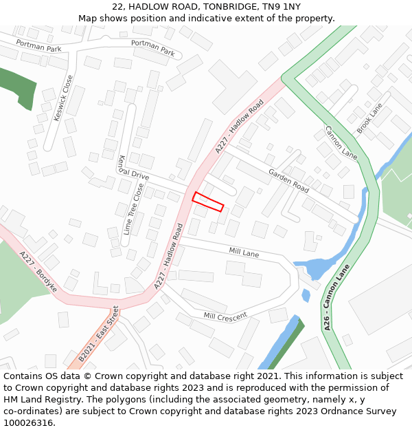 22, HADLOW ROAD, TONBRIDGE, TN9 1NY: Location map and indicative extent of plot
