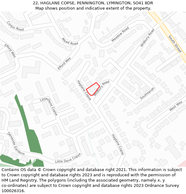 22, HAGLANE COPSE, PENNINGTON, LYMINGTON, SO41 8DR: Location map and indicative extent of plot