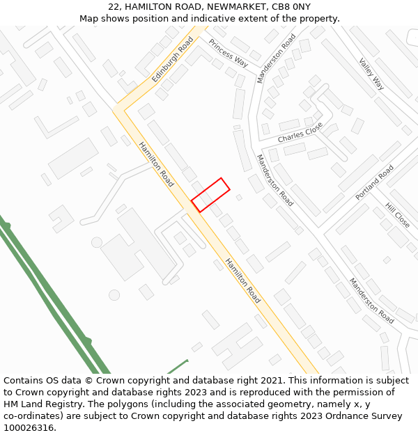 22, HAMILTON ROAD, NEWMARKET, CB8 0NY: Location map and indicative extent of plot