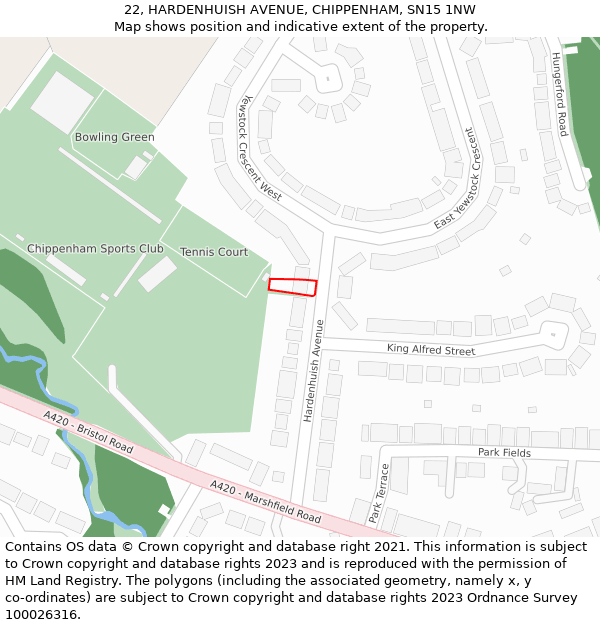 22, HARDENHUISH AVENUE, CHIPPENHAM, SN15 1NW: Location map and indicative extent of plot