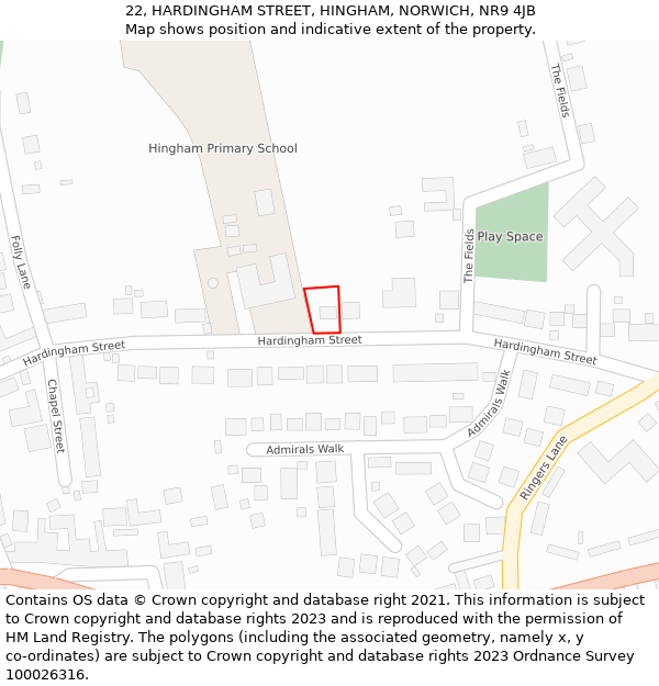 22, HARDINGHAM STREET, HINGHAM, NORWICH, NR9 4JB: Location map and indicative extent of plot