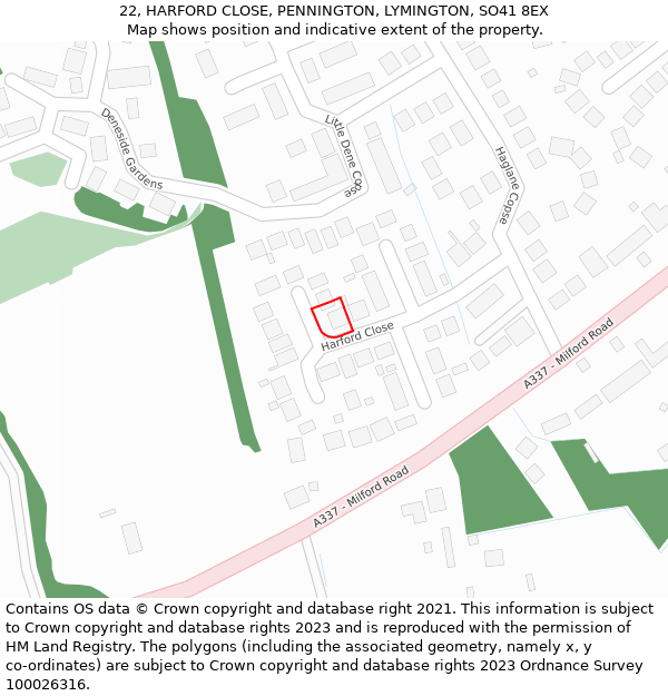 22, HARFORD CLOSE, PENNINGTON, LYMINGTON, SO41 8EX: Location map and indicative extent of plot