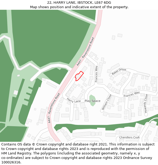 22, HARRY LANE, IBSTOCK, LE67 6DG: Location map and indicative extent of plot