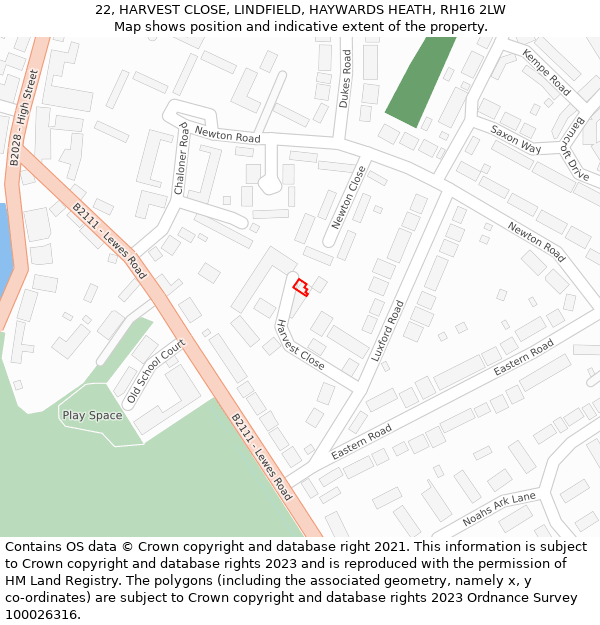 22, HARVEST CLOSE, LINDFIELD, HAYWARDS HEATH, RH16 2LW: Location map and indicative extent of plot