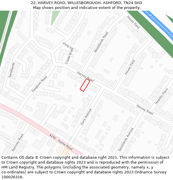 22, HARVEY ROAD, WILLESBOROUGH, ASHFORD, TN24 0AD: Location map and indicative extent of plot