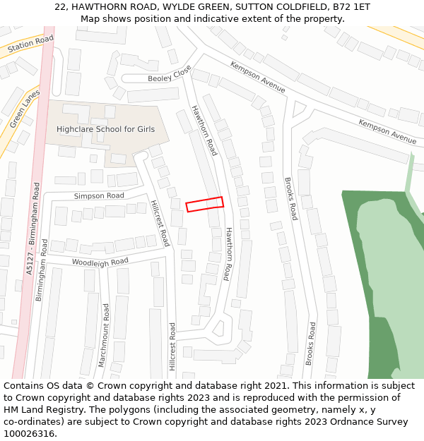 22, HAWTHORN ROAD, WYLDE GREEN, SUTTON COLDFIELD, B72 1ET: Location map and indicative extent of plot