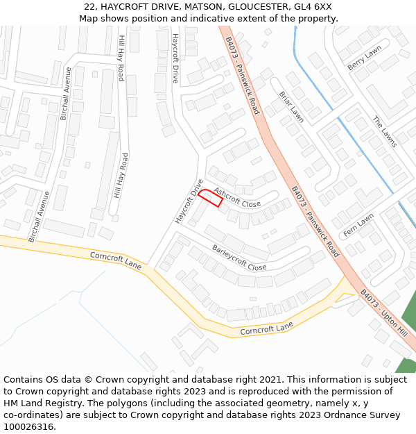 22, HAYCROFT DRIVE, MATSON, GLOUCESTER, GL4 6XX: Location map and indicative extent of plot