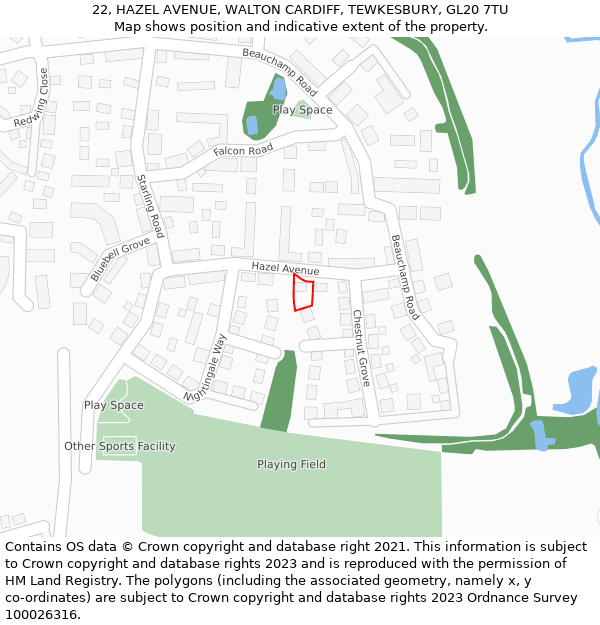 22, HAZEL AVENUE, WALTON CARDIFF, TEWKESBURY, GL20 7TU: Location map and indicative extent of plot