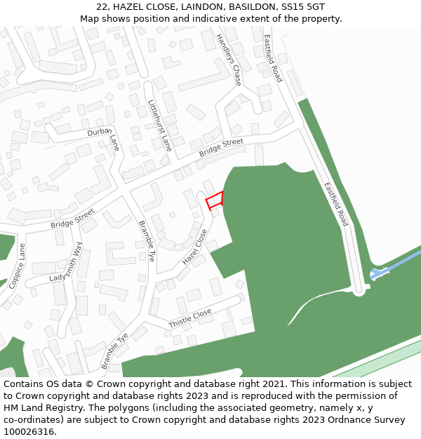 22, HAZEL CLOSE, LAINDON, BASILDON, SS15 5GT: Location map and indicative extent of plot