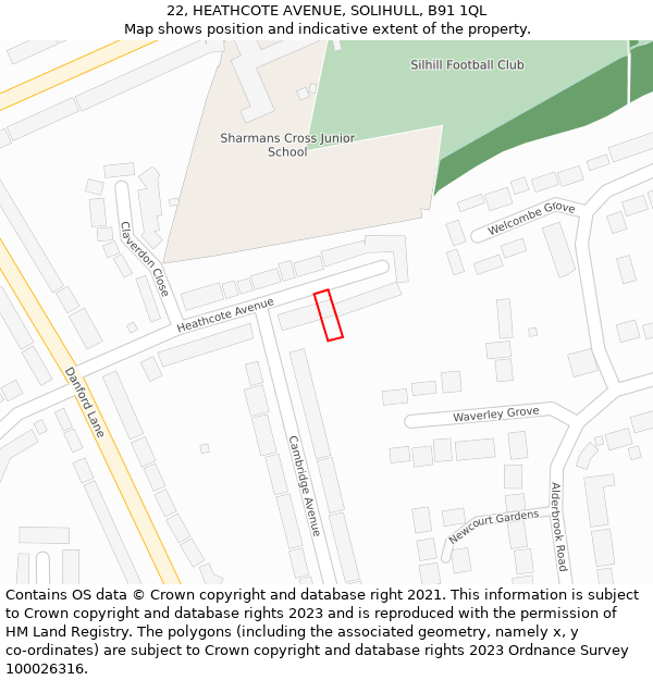 22, HEATHCOTE AVENUE, SOLIHULL, B91 1QL: Location map and indicative extent of plot