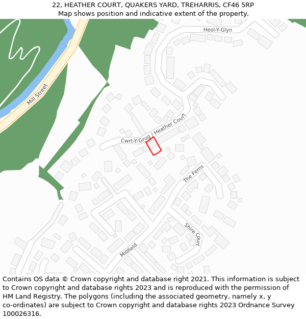 22, HEATHER COURT, QUAKERS YARD, TREHARRIS, CF46 5RP: Location map and indicative extent of plot