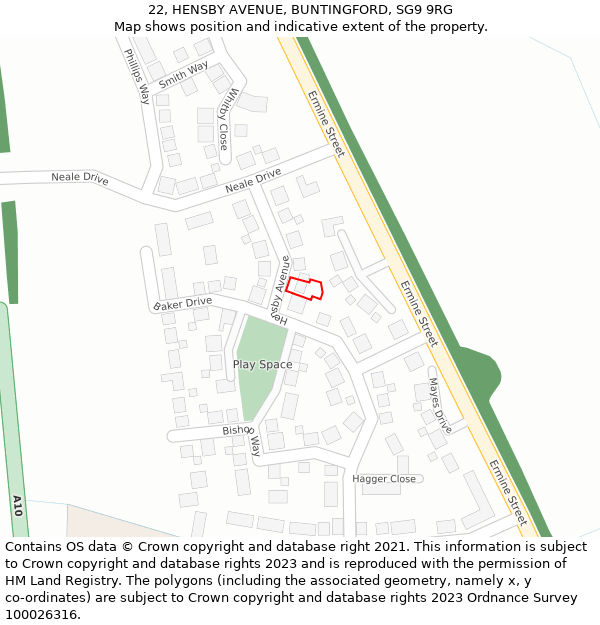 22, HENSBY AVENUE, BUNTINGFORD, SG9 9RG: Location map and indicative extent of plot