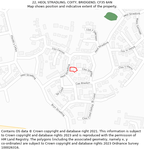 22, HEOL STRADLING, COITY, BRIDGEND, CF35 6AN: Location map and indicative extent of plot