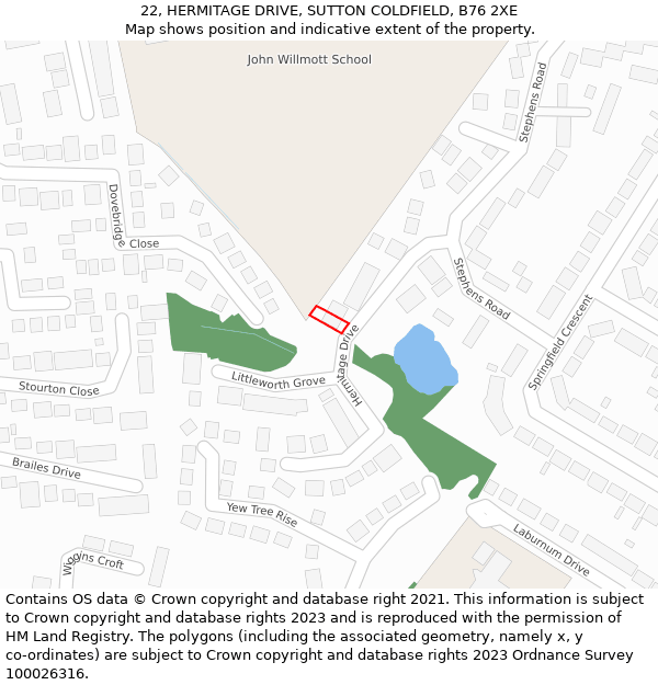 22, HERMITAGE DRIVE, SUTTON COLDFIELD, B76 2XE: Location map and indicative extent of plot