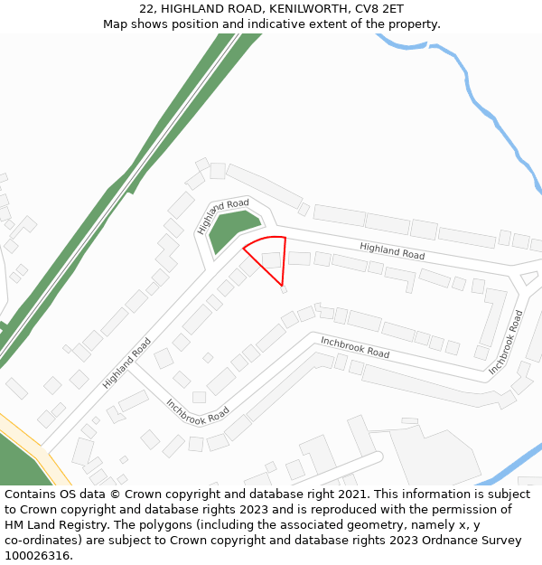 22, HIGHLAND ROAD, KENILWORTH, CV8 2ET: Location map and indicative extent of plot