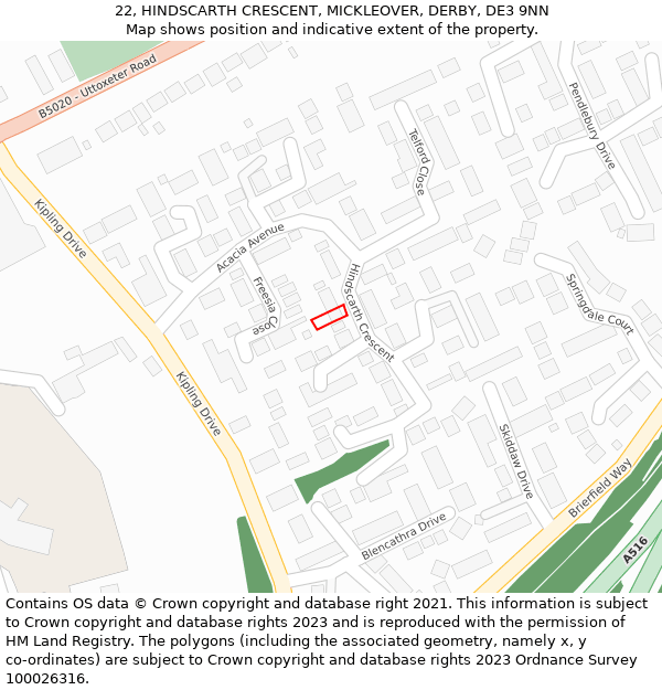 22, HINDSCARTH CRESCENT, MICKLEOVER, DERBY, DE3 9NN: Location map and indicative extent of plot