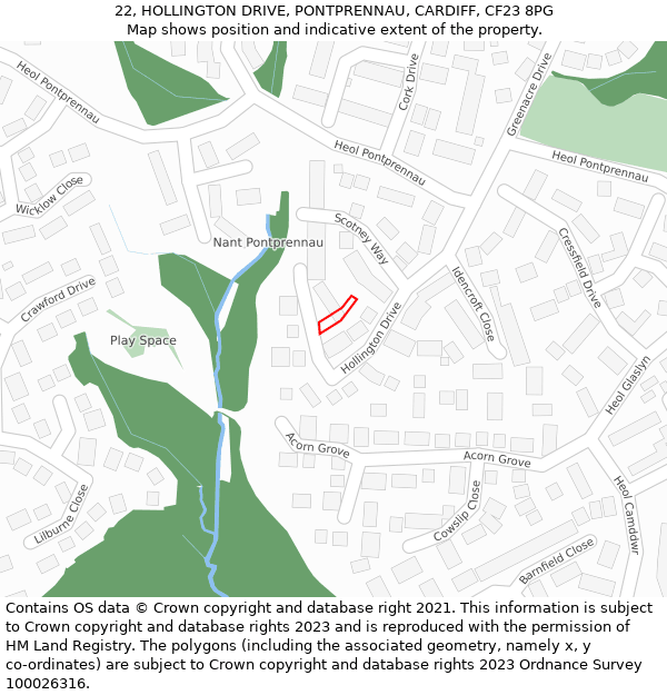 22, HOLLINGTON DRIVE, PONTPRENNAU, CARDIFF, CF23 8PG: Location map and indicative extent of plot