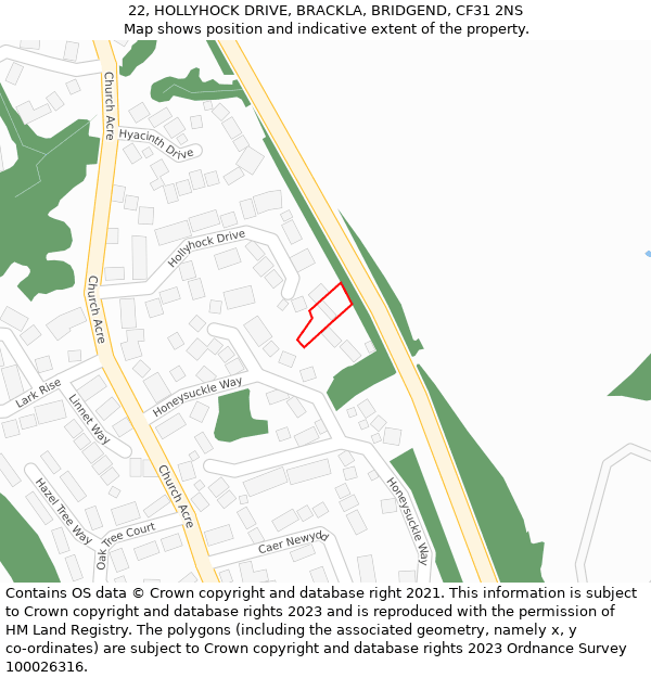 22, HOLLYHOCK DRIVE, BRACKLA, BRIDGEND, CF31 2NS: Location map and indicative extent of plot