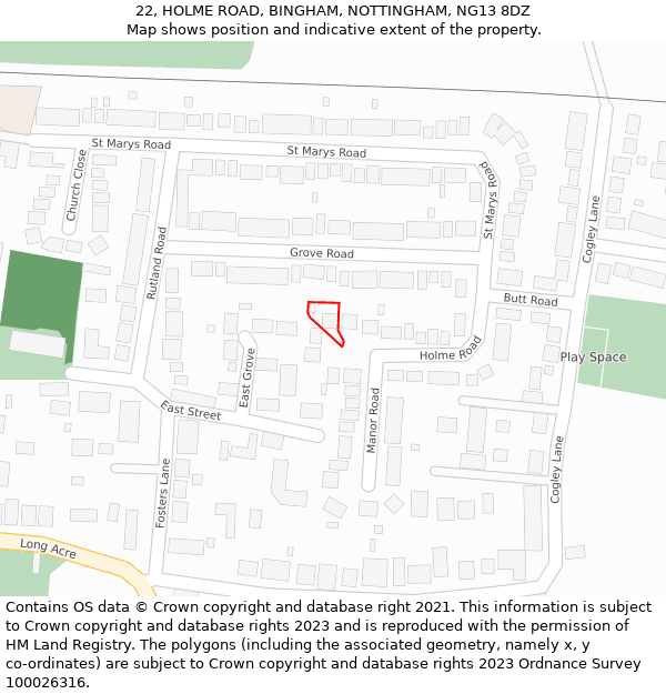 22, HOLME ROAD, BINGHAM, NOTTINGHAM, NG13 8DZ: Location map and indicative extent of plot